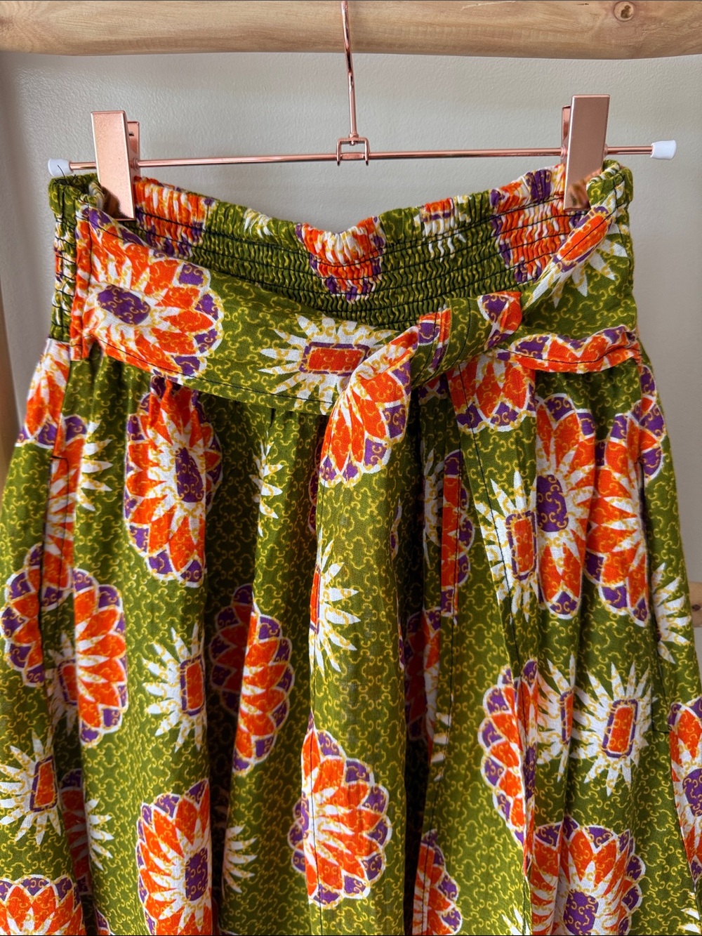 Jackpot Vintage Boho Print Green Orange Elasticized Waist Tie Belt Maxi Skirt OS - Picture 5 of 8